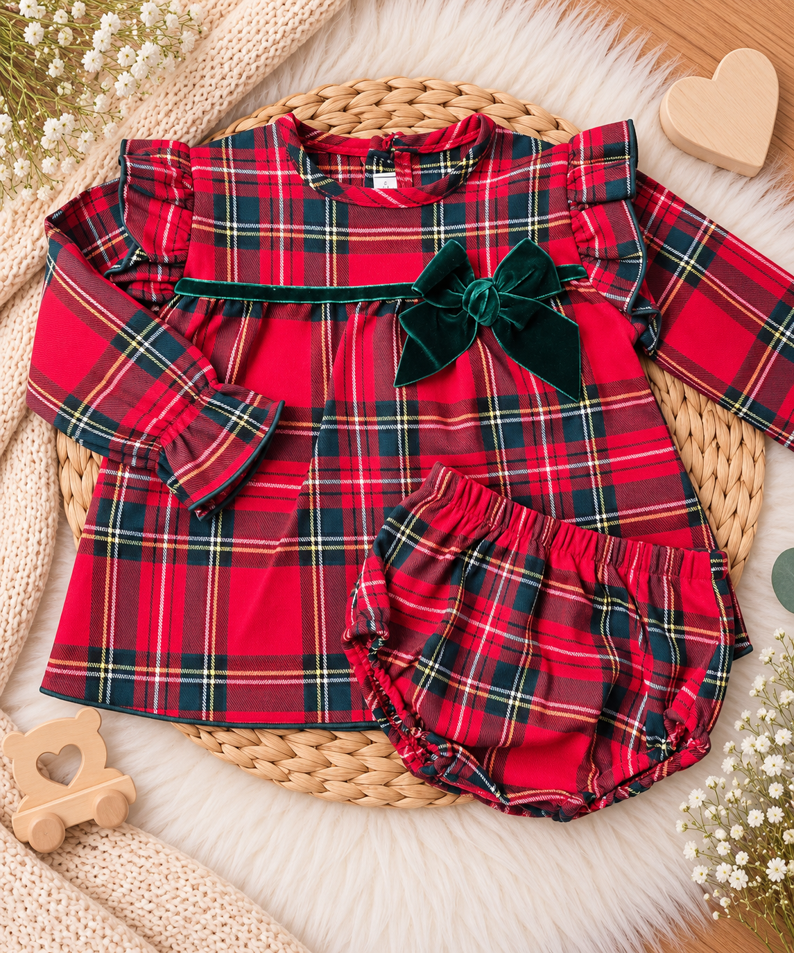 Red Tartan Baby Dress Set with Velvet Bow – 2 Pieces
