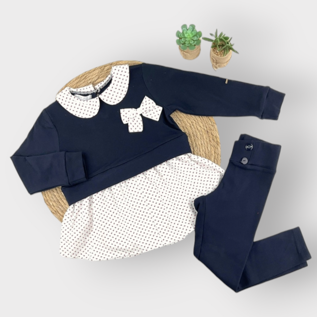 Conjunto de 2 peças azul-marinho para menina – Top com detalhe floral e leggings