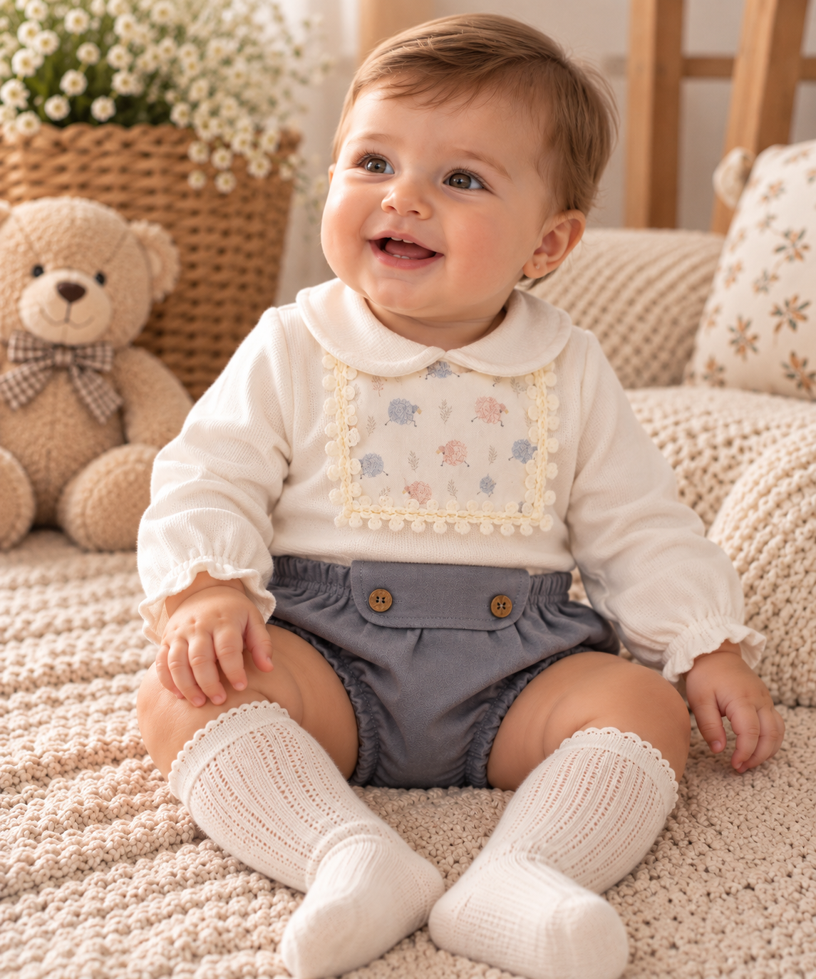 Conjunto de 2 peças com cueiro para bebé menino, branco e azul