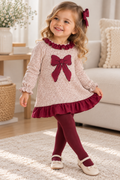 Vestido de niña de felpa con lazo – Burdeos