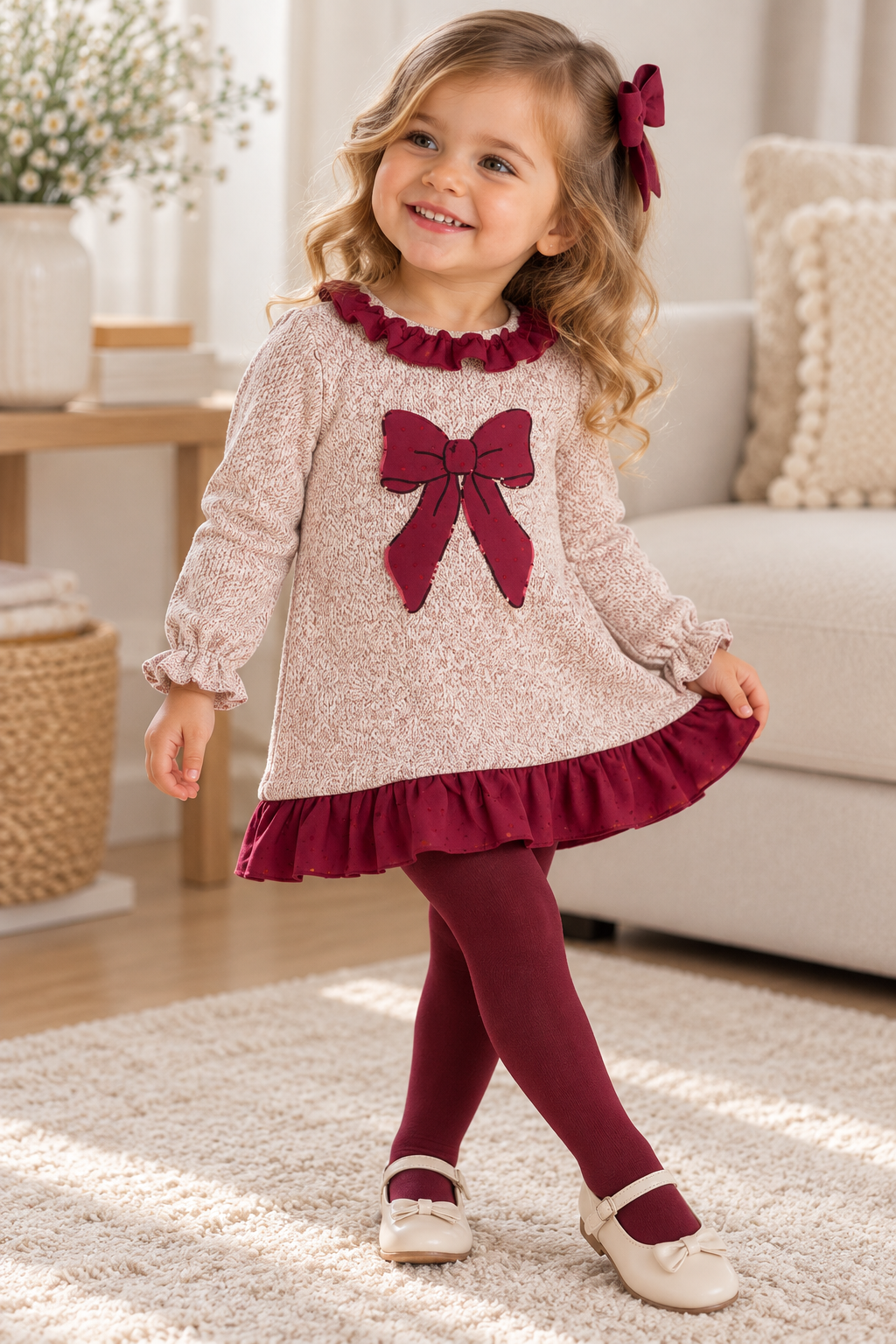 Vestido de niña de felpa con lazo – Burdeos