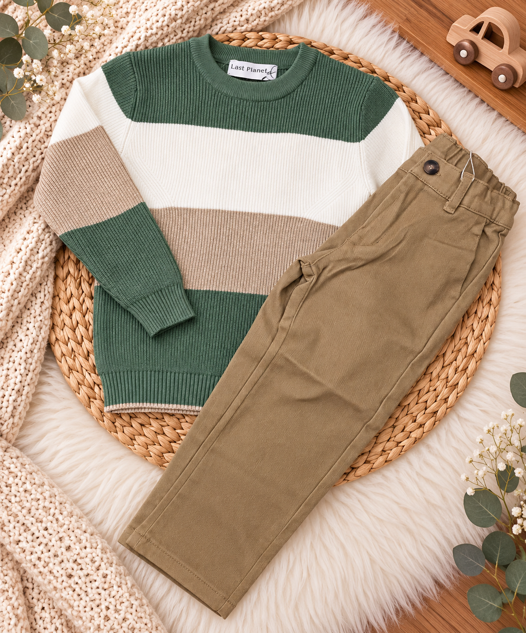 Boys Green & Camel Striped Knit Set – 2 Pieces