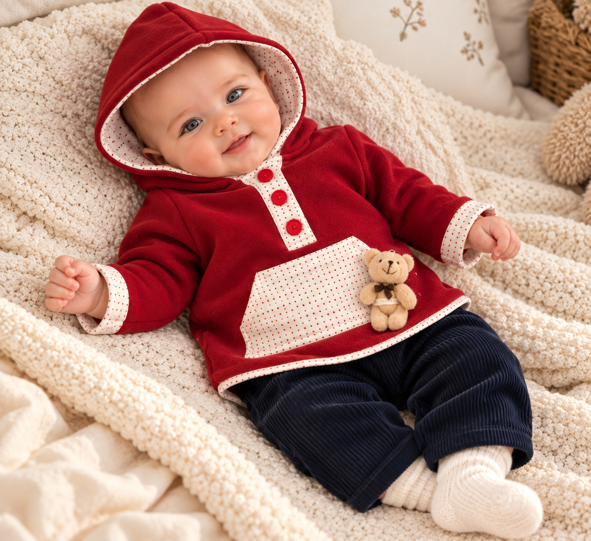 Baby Boy 2-Piece Set – Red Hooded Top & Navy Blue Corduroy Trousers