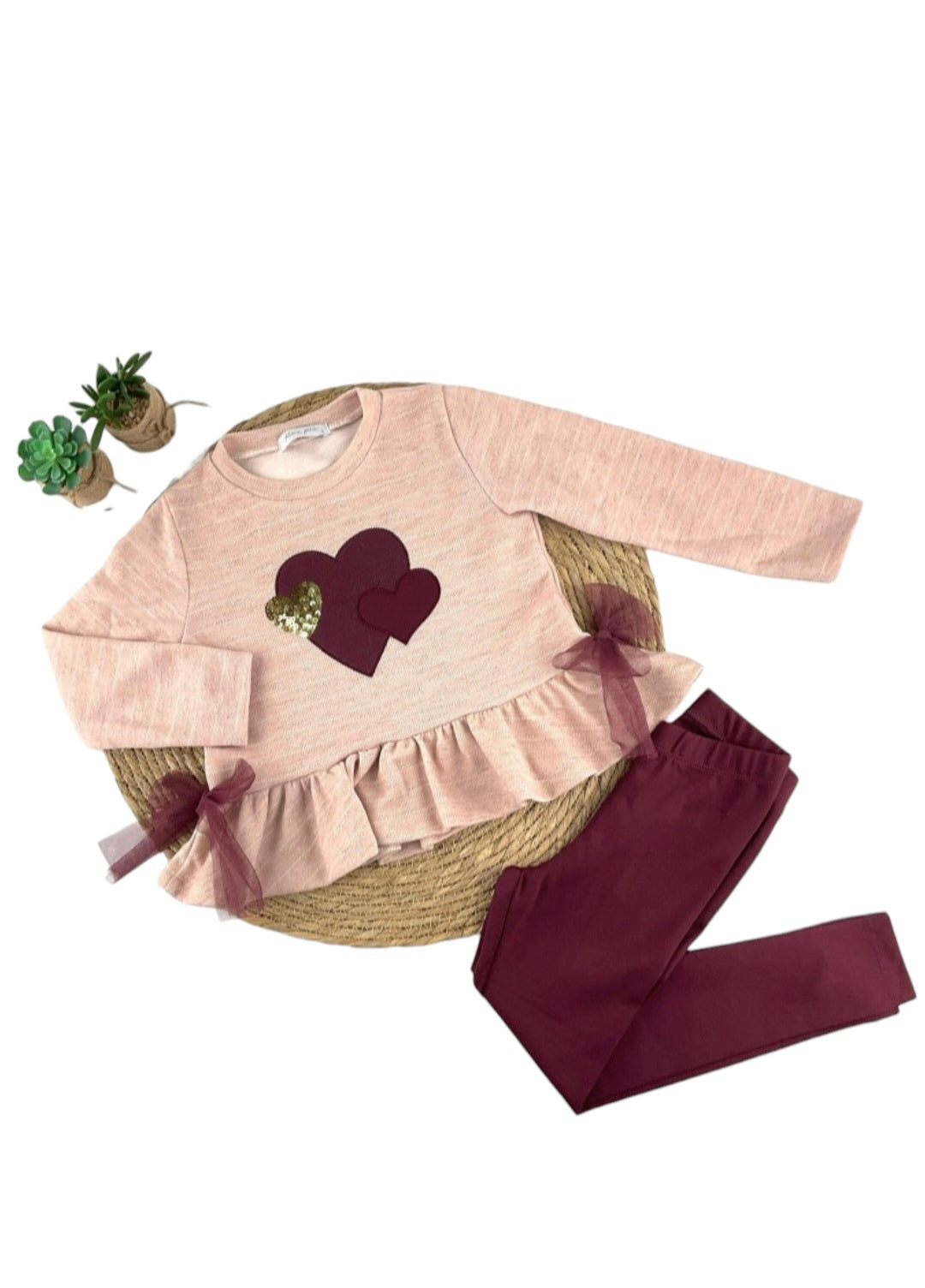 Conjunto de 2 peças: Top e Leggings Rosa e Bordô com Corações para Menina