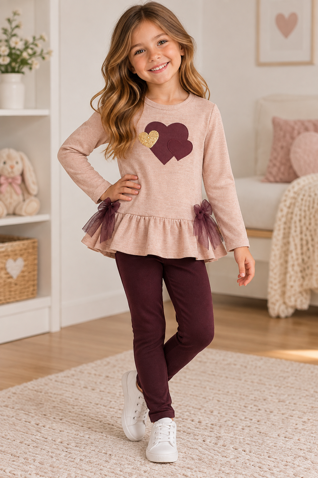 Conjunto de 2 peças: Top e Leggings Rosa e Bordô com Corações para Menina