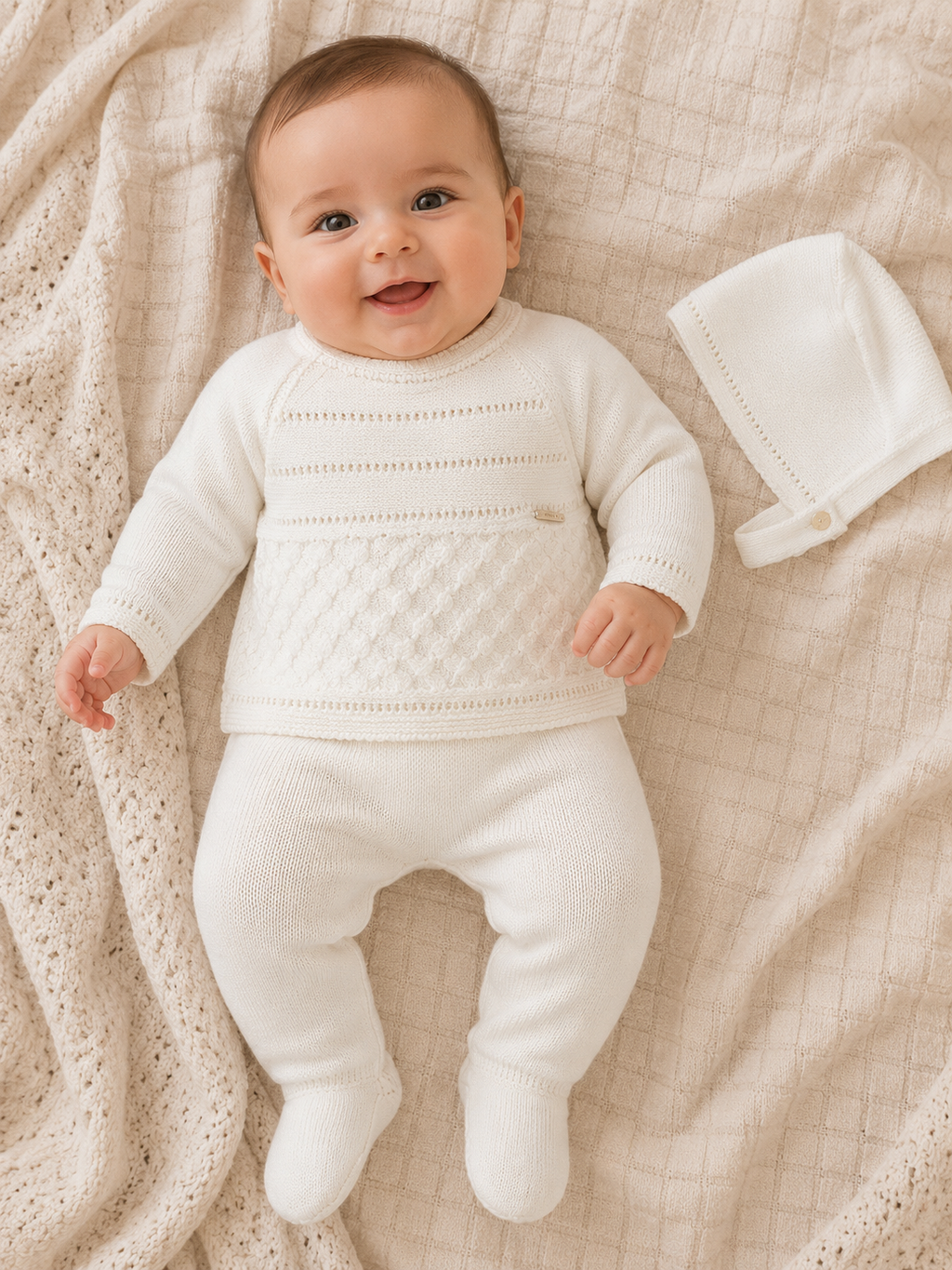 Baby White Knitted Set with Bonnet – 3 Pieces
