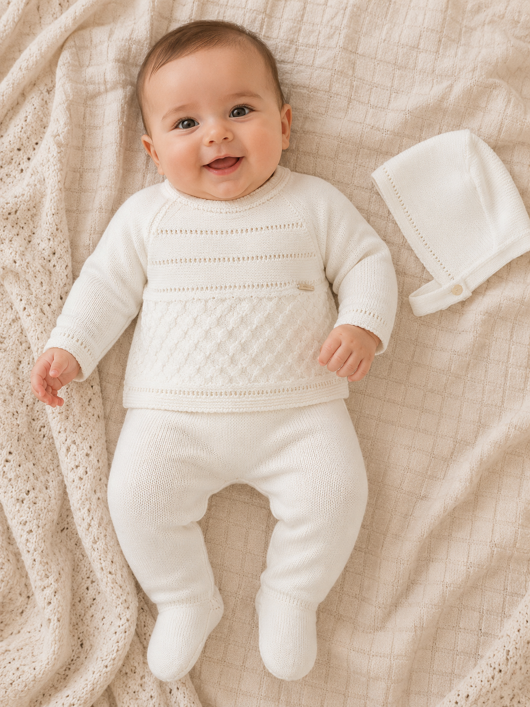 Baby White Knitted Set with Bonnet – 3 Pieces