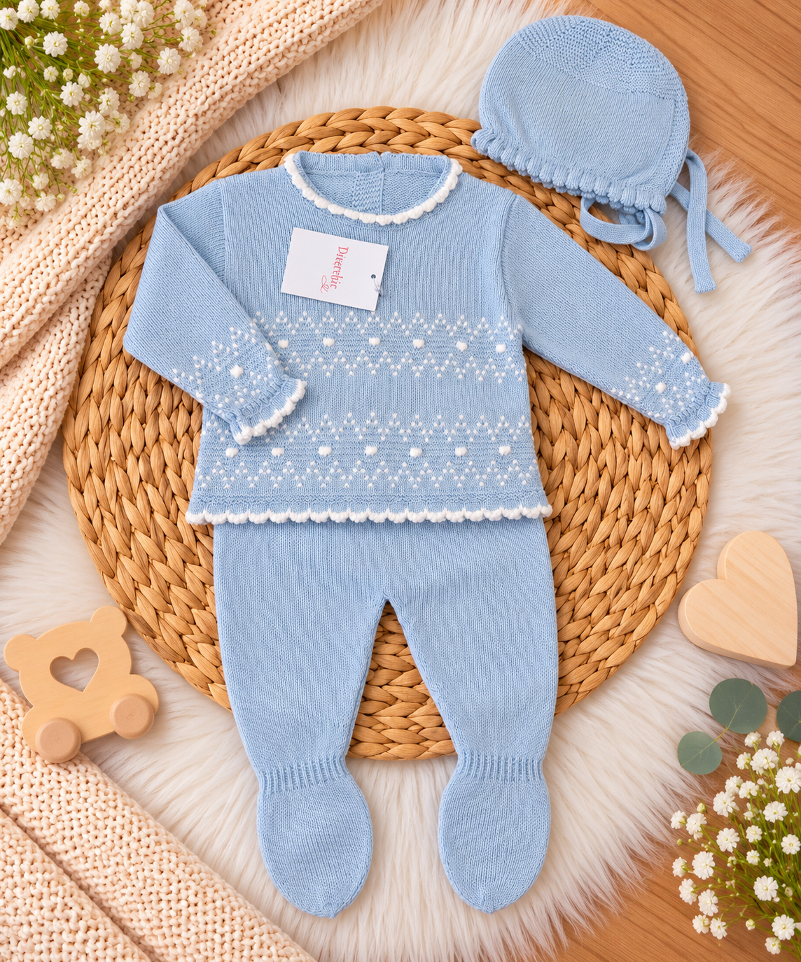 Baby Blue Knitted 3-Piece Set with Bonnet