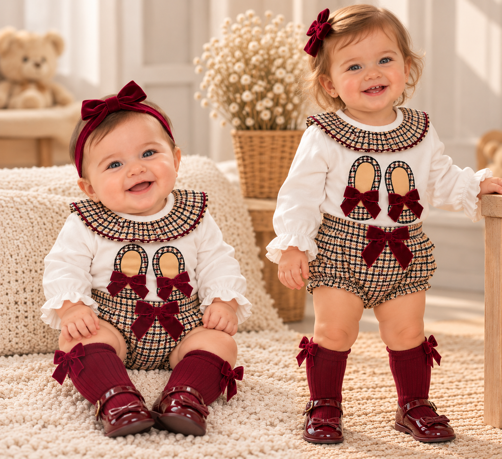 Baby Girl Burgundy & Check 2-Piece Bloomer Set