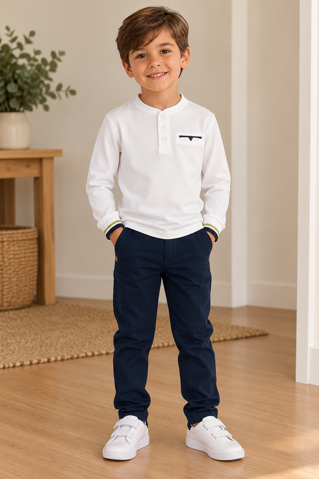 Conjunto Casual Elegante de 2 Peças para Rapaz – Camisola de Manga Comprida Branca e Calças Azul-Marinho