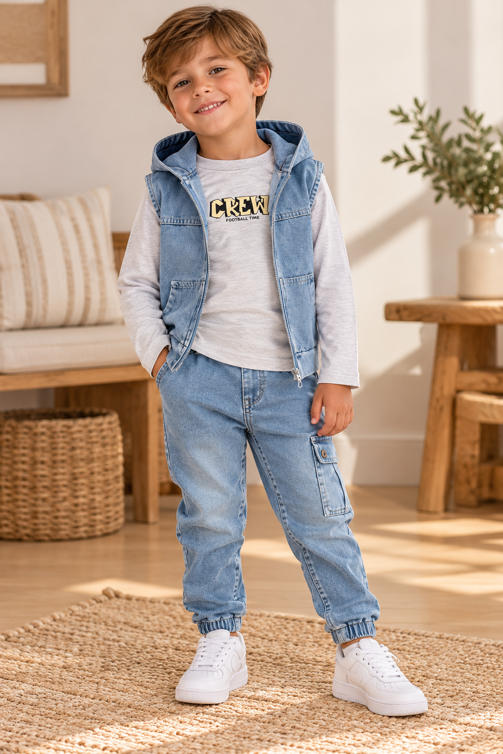 Conjunto de 3 peças em ganga para rapaz – Colete com capuz, camisola de manga comprida e calças cargo estilo jogger