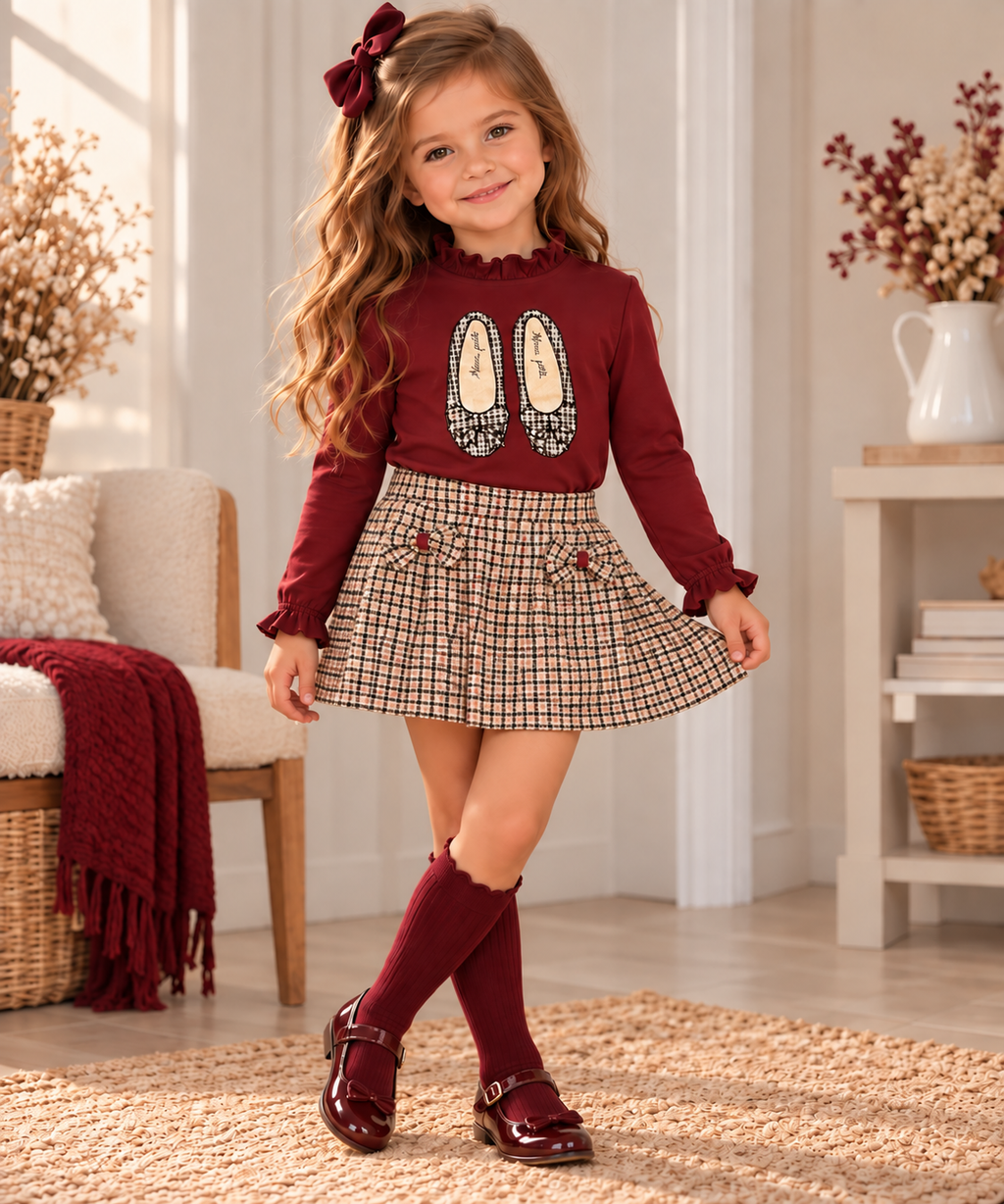 Girls Burgundy & Check 2-Piece Skirt Set