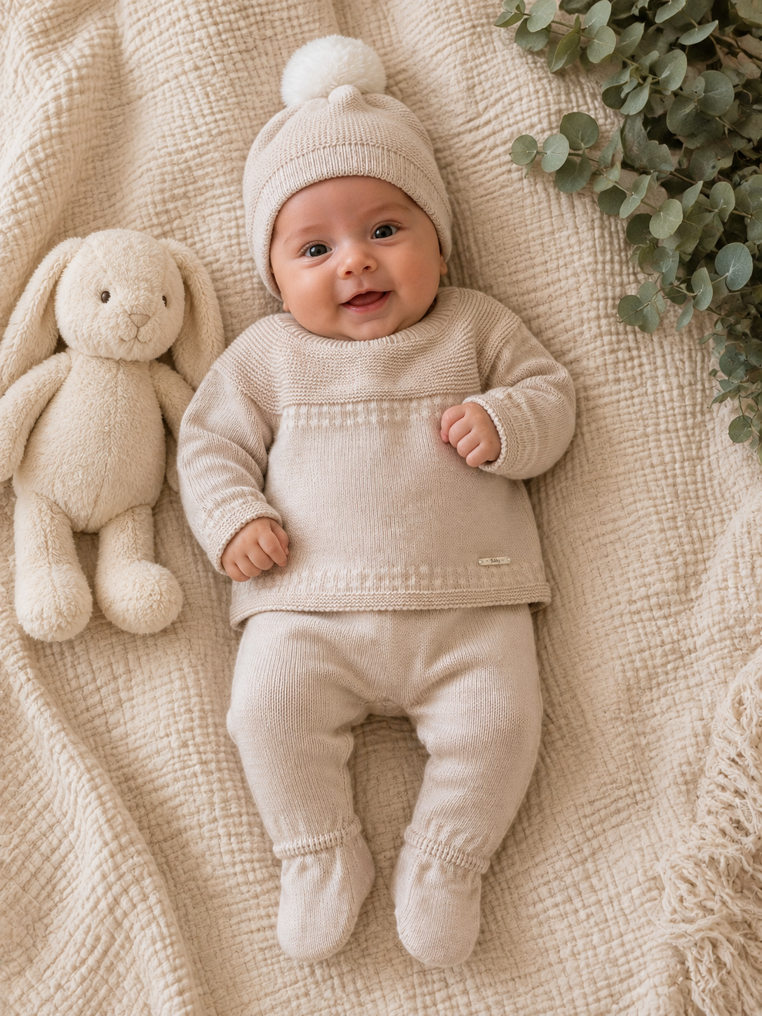 Baby Beige Knitted Set with Pom-Pom Hat – 3 Pieces