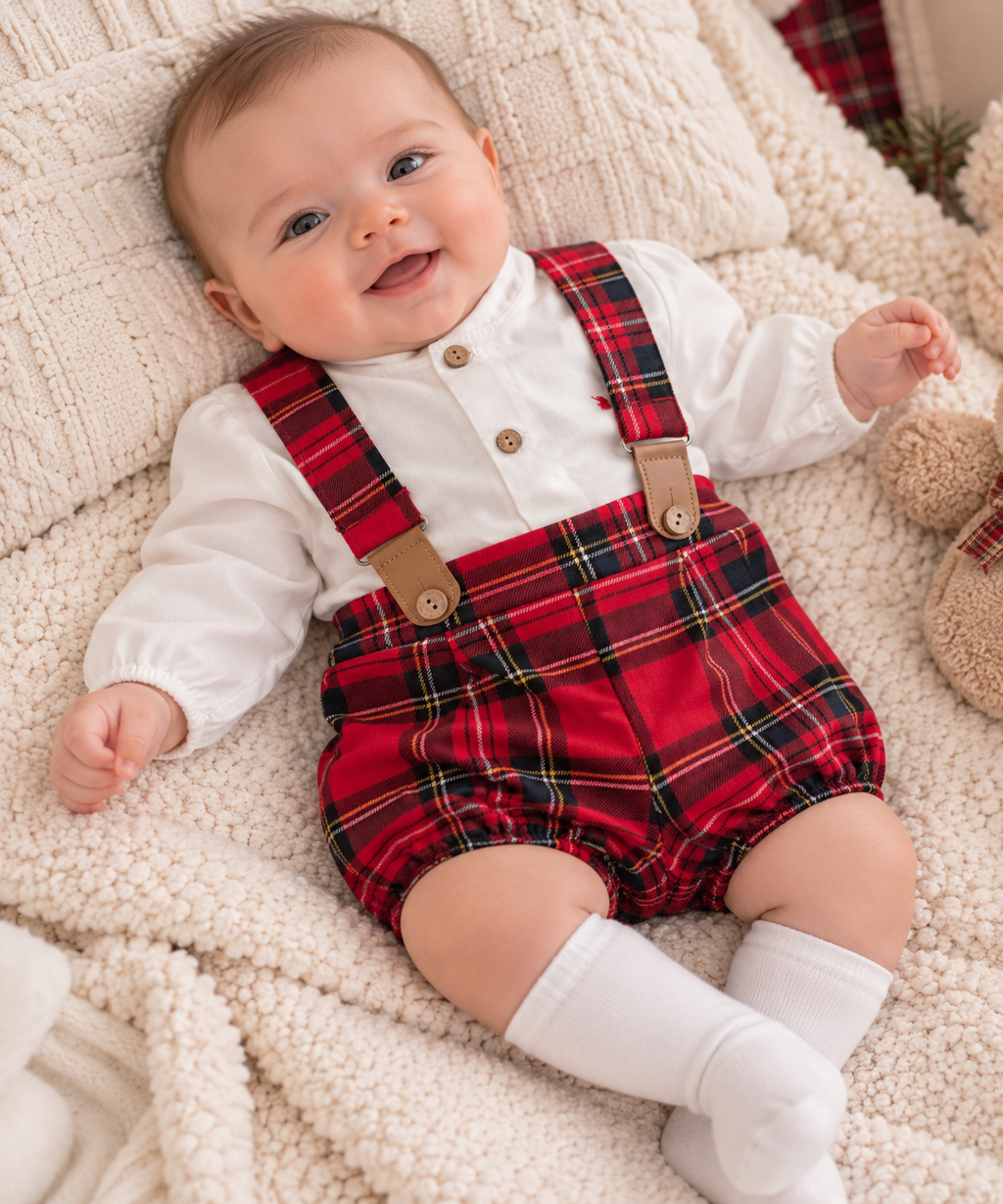 Conjunto de Suspensórios de Tartã Vermelho para Bebé Menino – 2 Peças