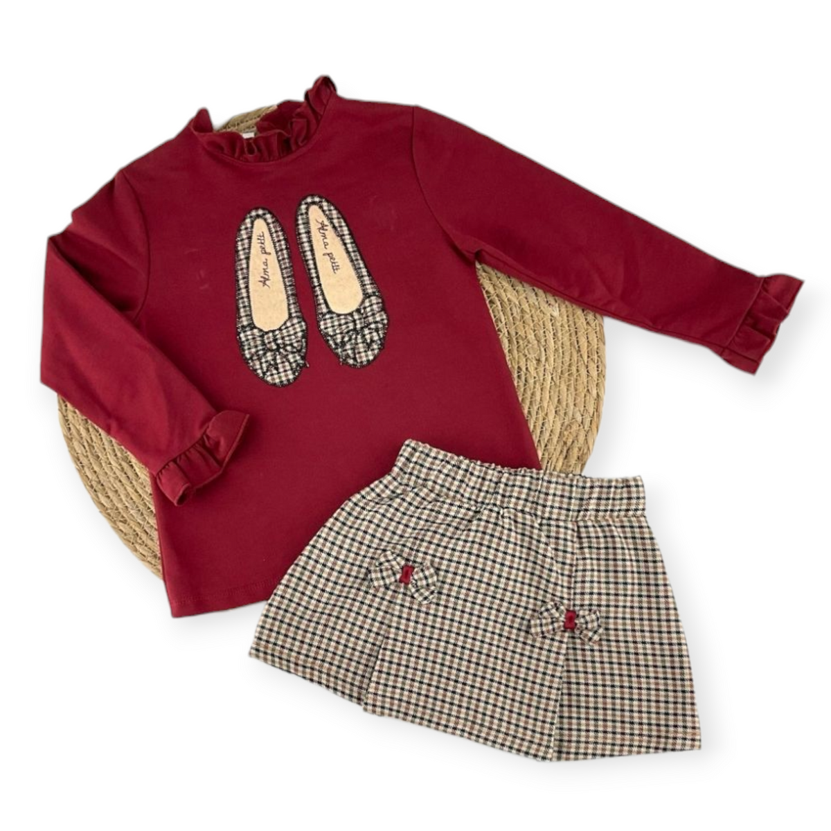 Girls Burgundy & Check 2-Piece Skirt Set