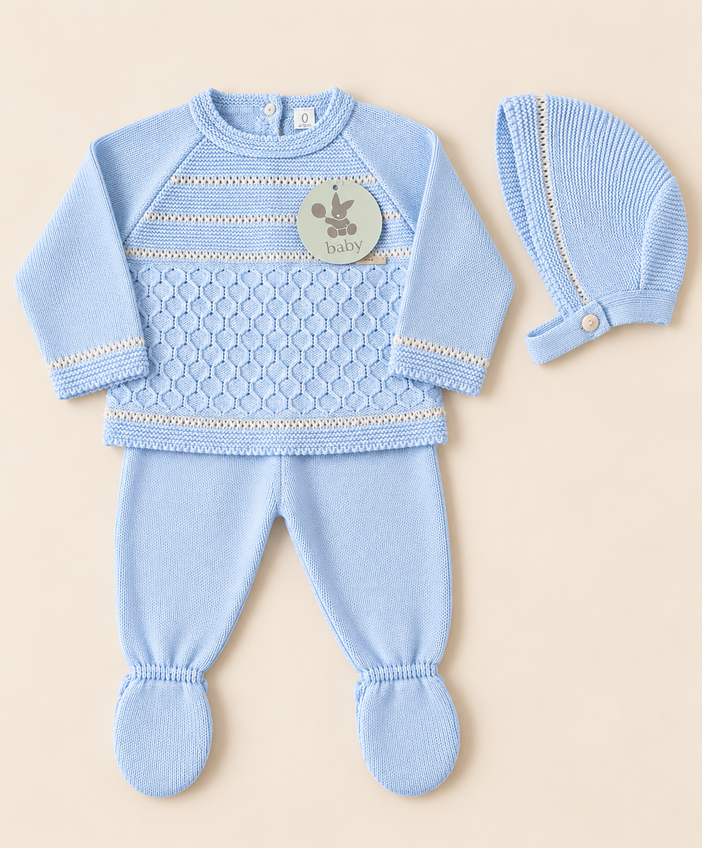 Baby Blue Knitted Set with Bonnet – 3 Pieces