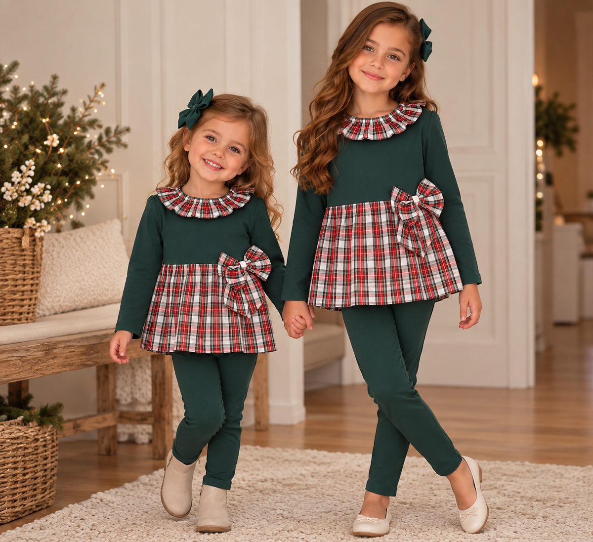 Girls Green Tartan Bow Set – 2 Pieces