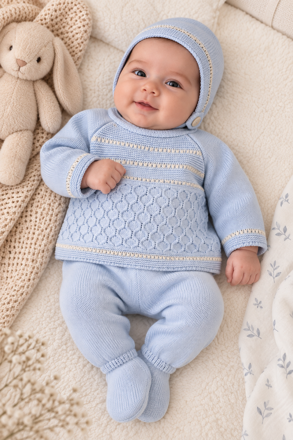 Baby Blue Knitted Set with Bonnet – 3 Pieces
