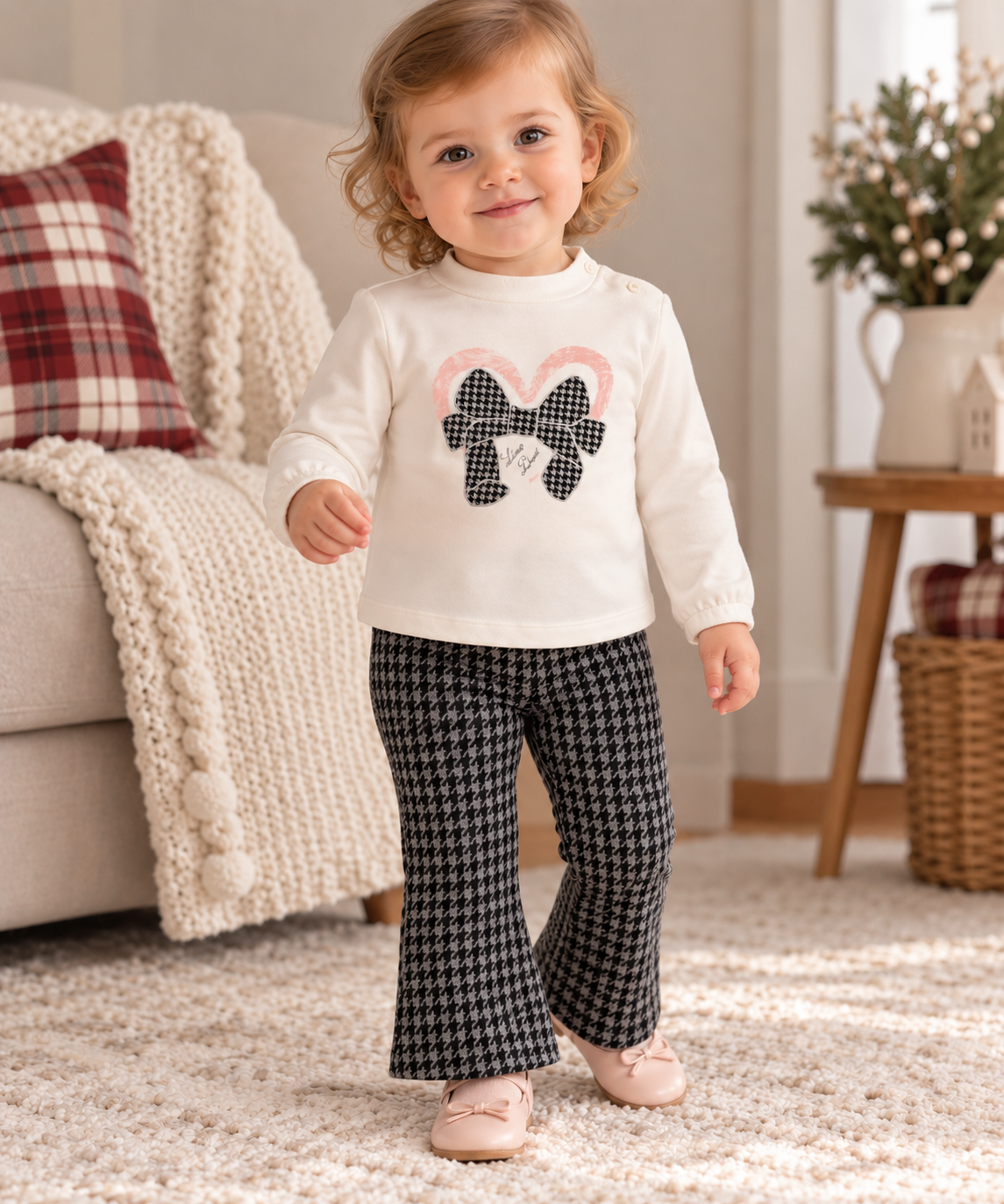 Girls’ 3-Piece Houndstooth Set with Pink Faux-Fur Jacket