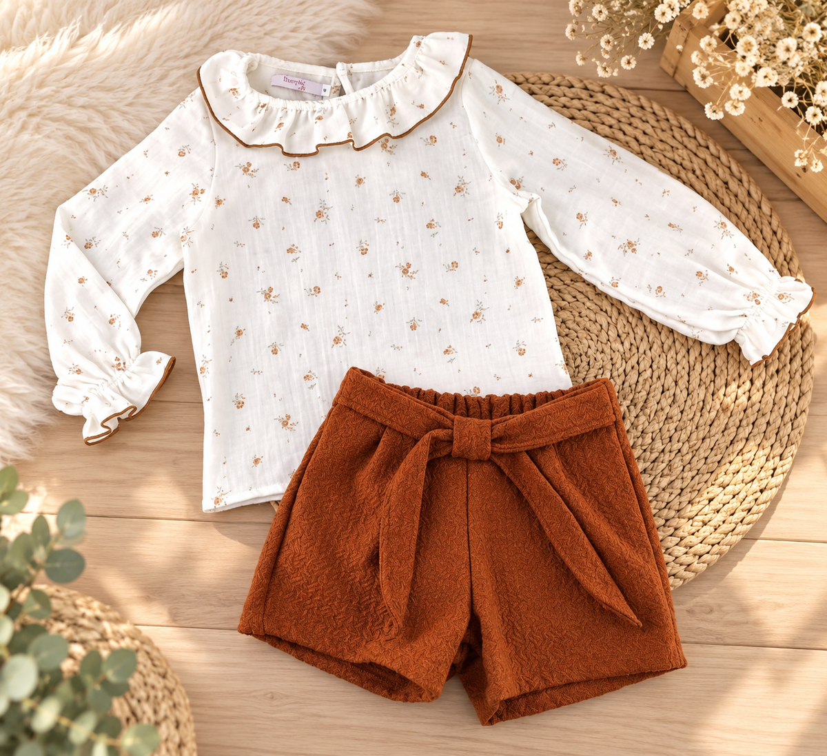Conjunto de menina com blusa floral e calções castanhos de 2 peças