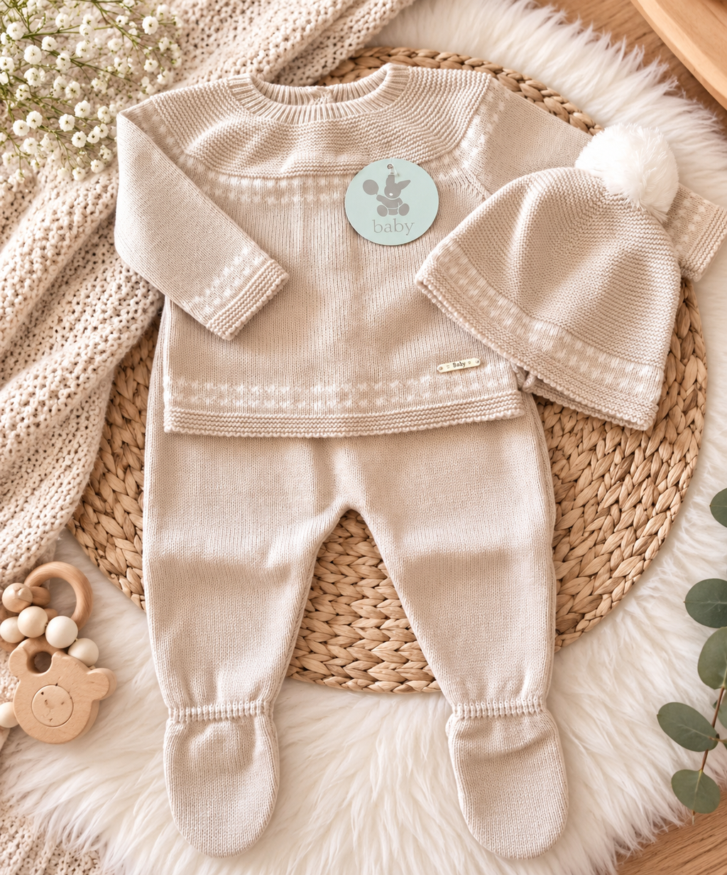 Baby Beige Knitted Set with Pom-Pom Hat – 3 Pieces