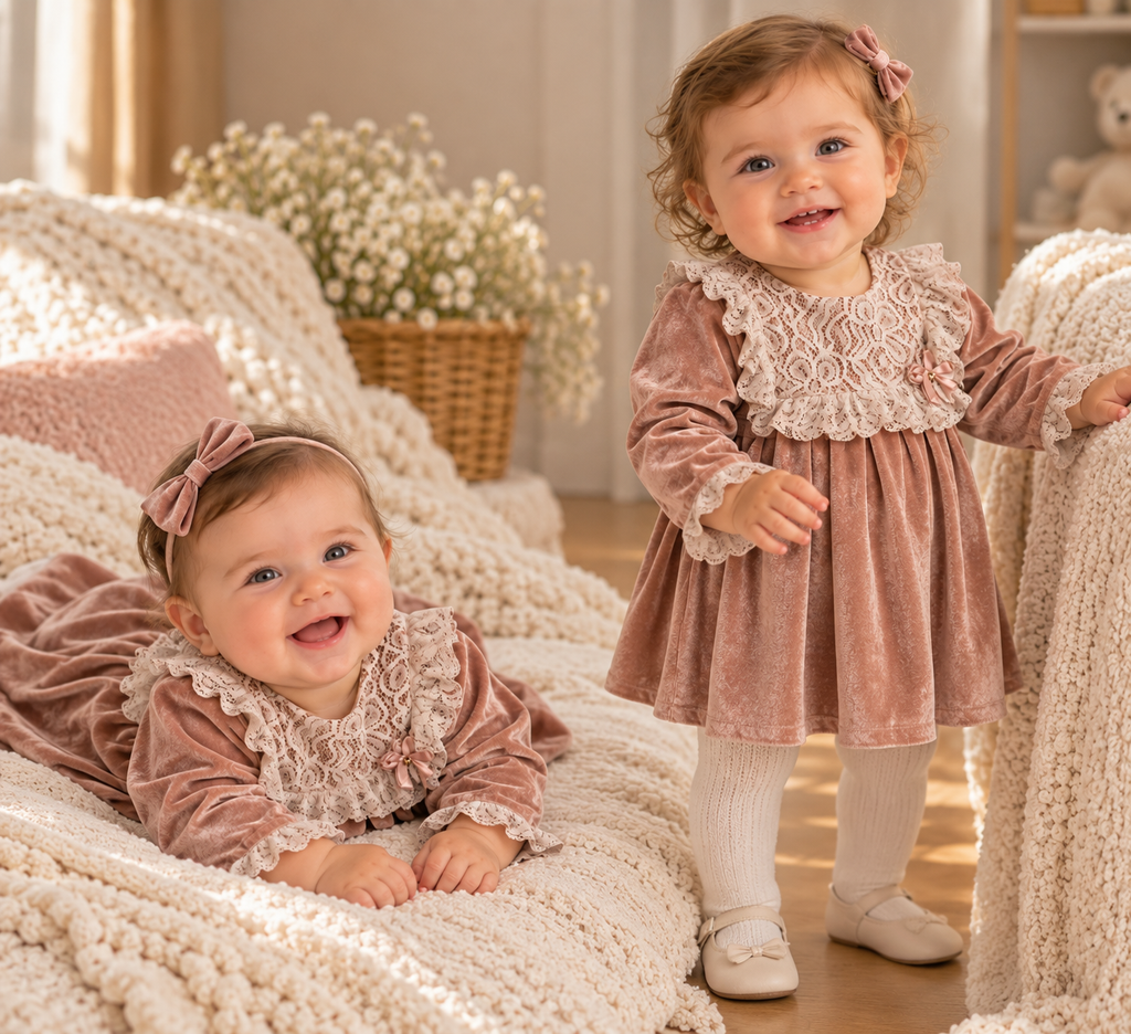 Vestido de niña de terciopelo y encaje en rosa empolvado