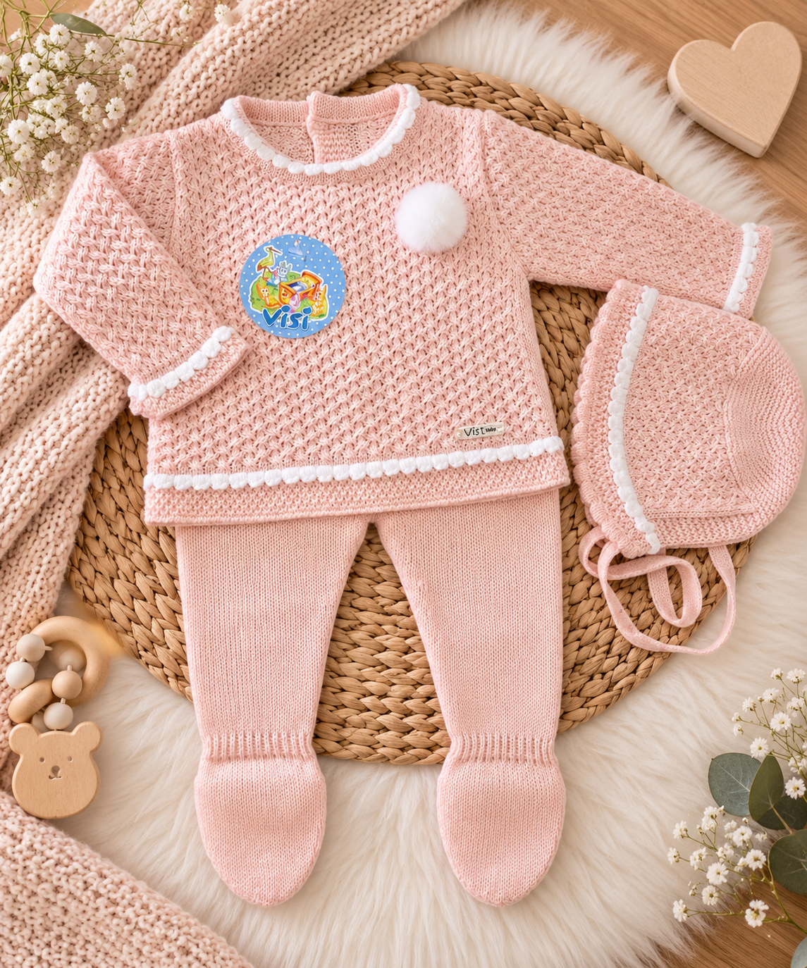 Baby Pink Knitted Set with Bonnet – 3 Pieces