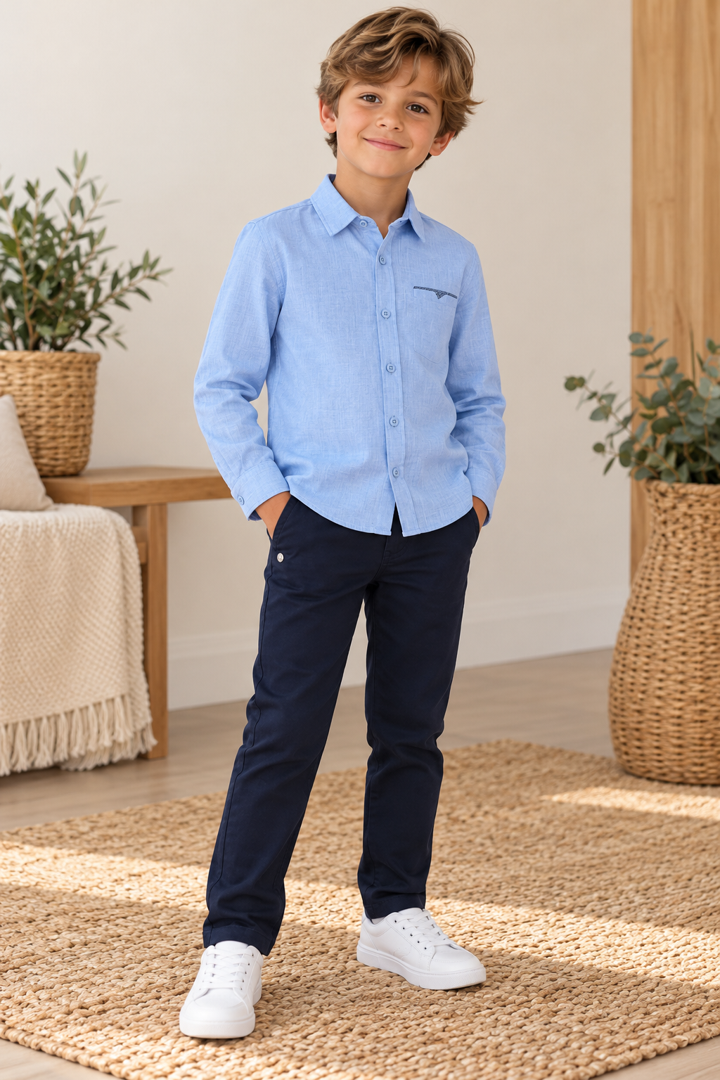 Conjunto Casual Elegante para Rapaz – Camisa Azul Claro e Calças Azul-Escuro