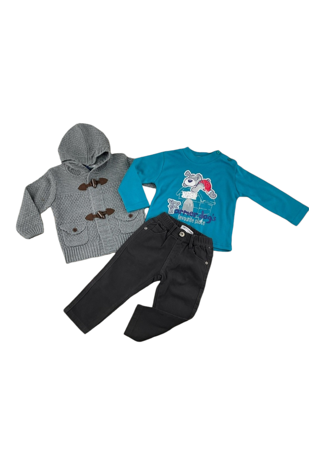 Conjunto de 3 peças para menino – Cardigã de malha cinzento, T-shirt com estampado de cão e calças pretas