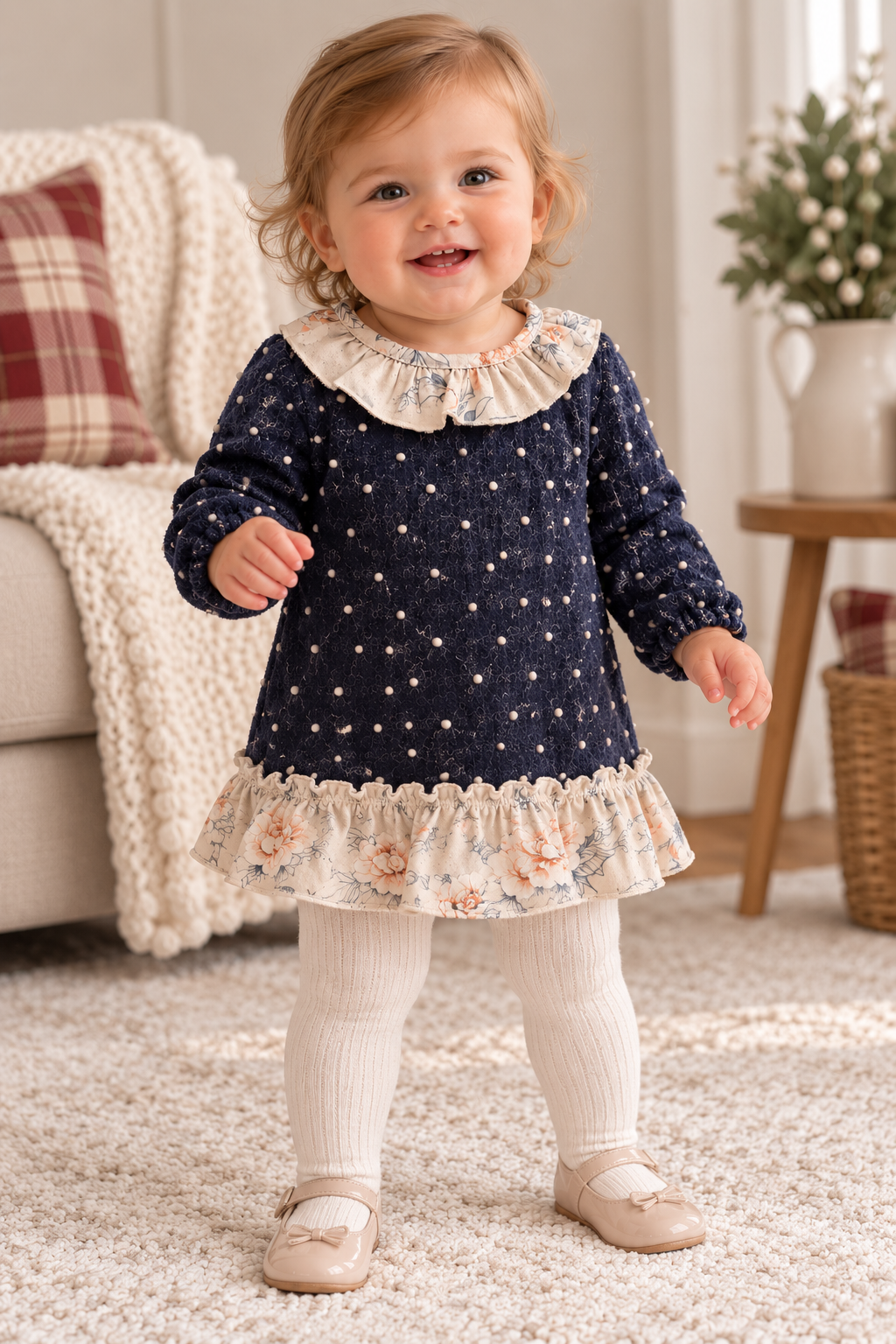 Vestido azul marino para niña con detalles de volantes florales