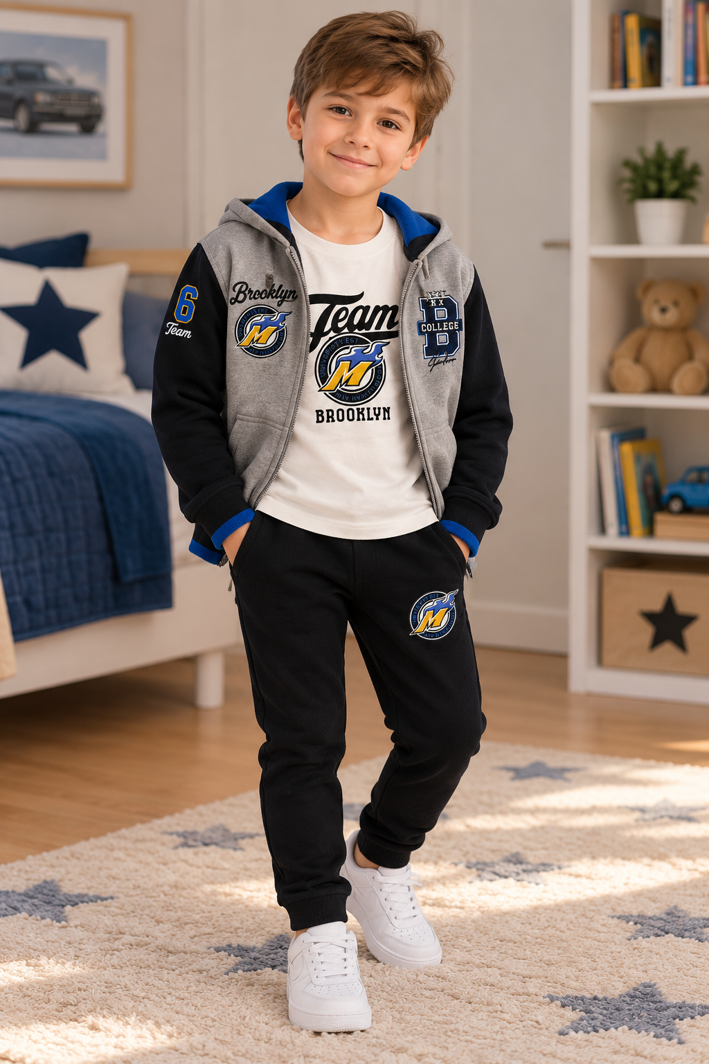 Conjunto de Fato de Treino de 3 Peças Boys Brooklyn – Cinzento, Preto e Azul