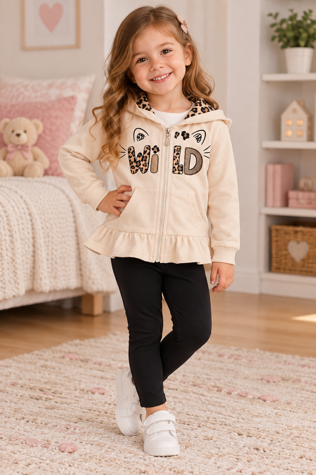 Girls Wild Leopard Print 3-Piece Set – Pink or Beige