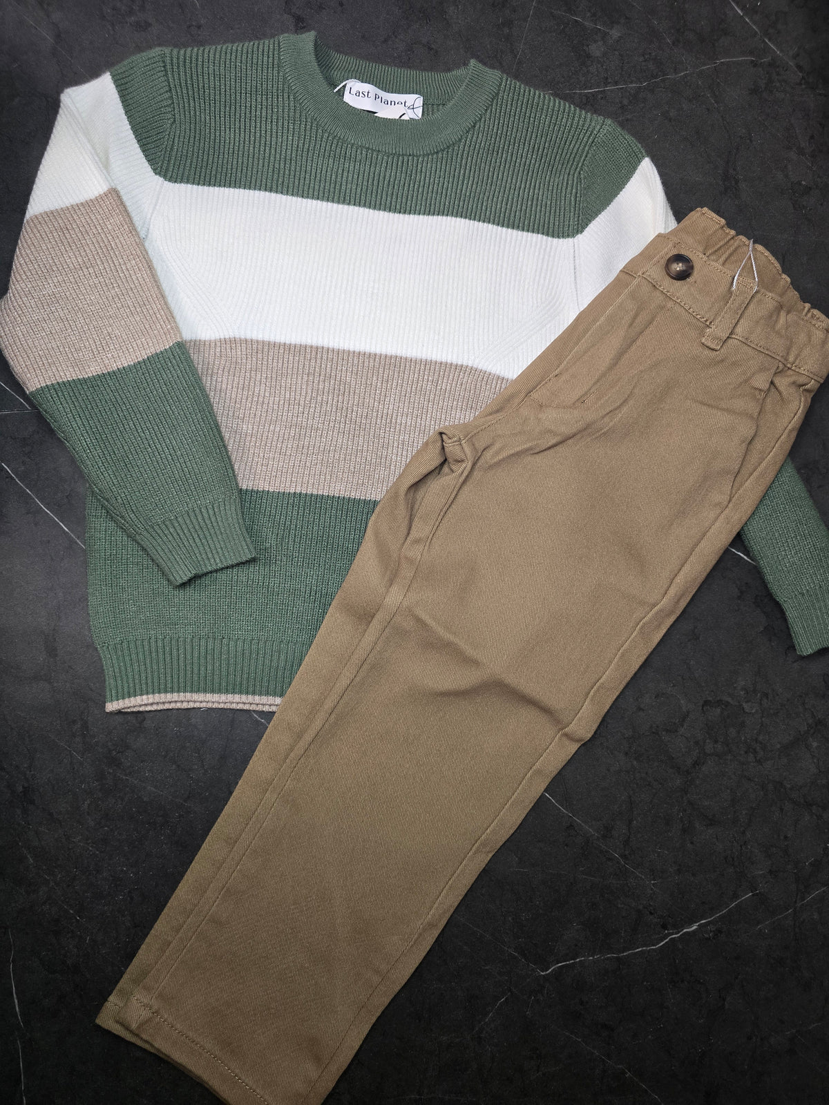 Boys Green & Camel Striped Knit Set – 2 Pieces