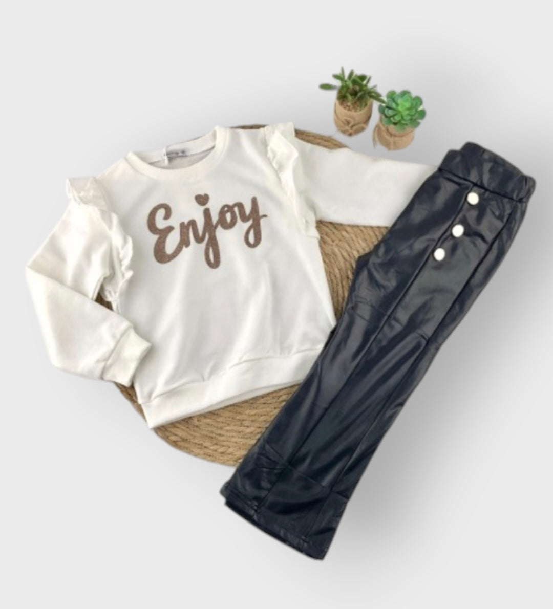 Girls’ 2-Piece Enjoy Top & Black Nappa Flared Trousers Set