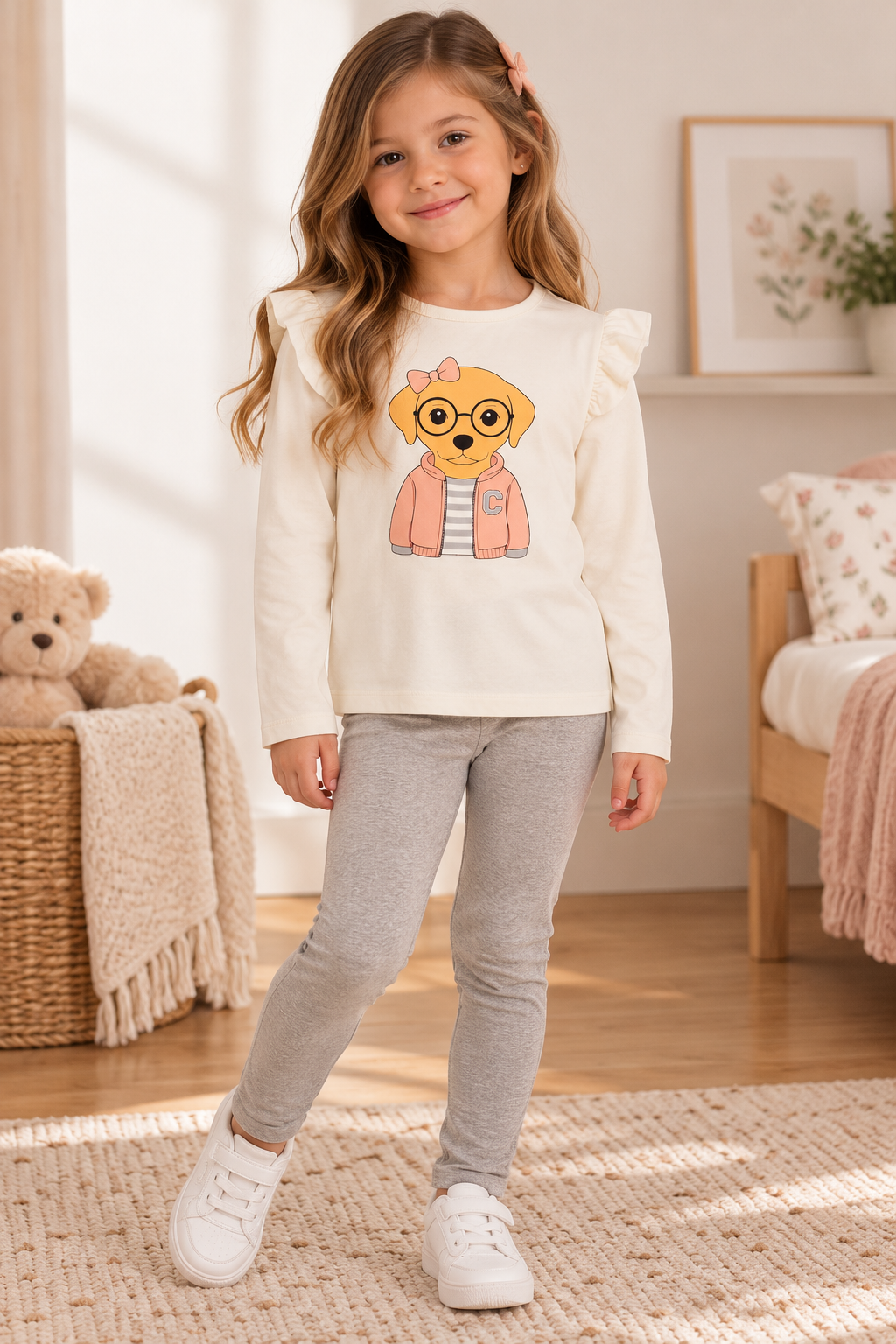 Conjunto de 2 peças para menina com motivo de cachorro – Top creme e leggings cinzentas