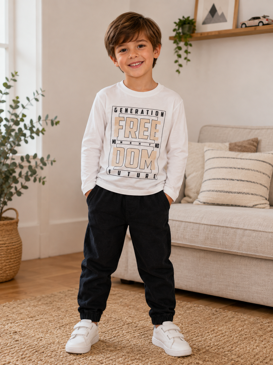 Boys 3-Piece Outfit – Beige Jacket, Graphic Top & Black Trousers