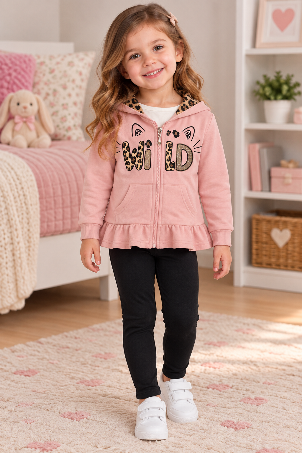 Girls Wild Leopard Print 3-Piece Set – Pink or Beige