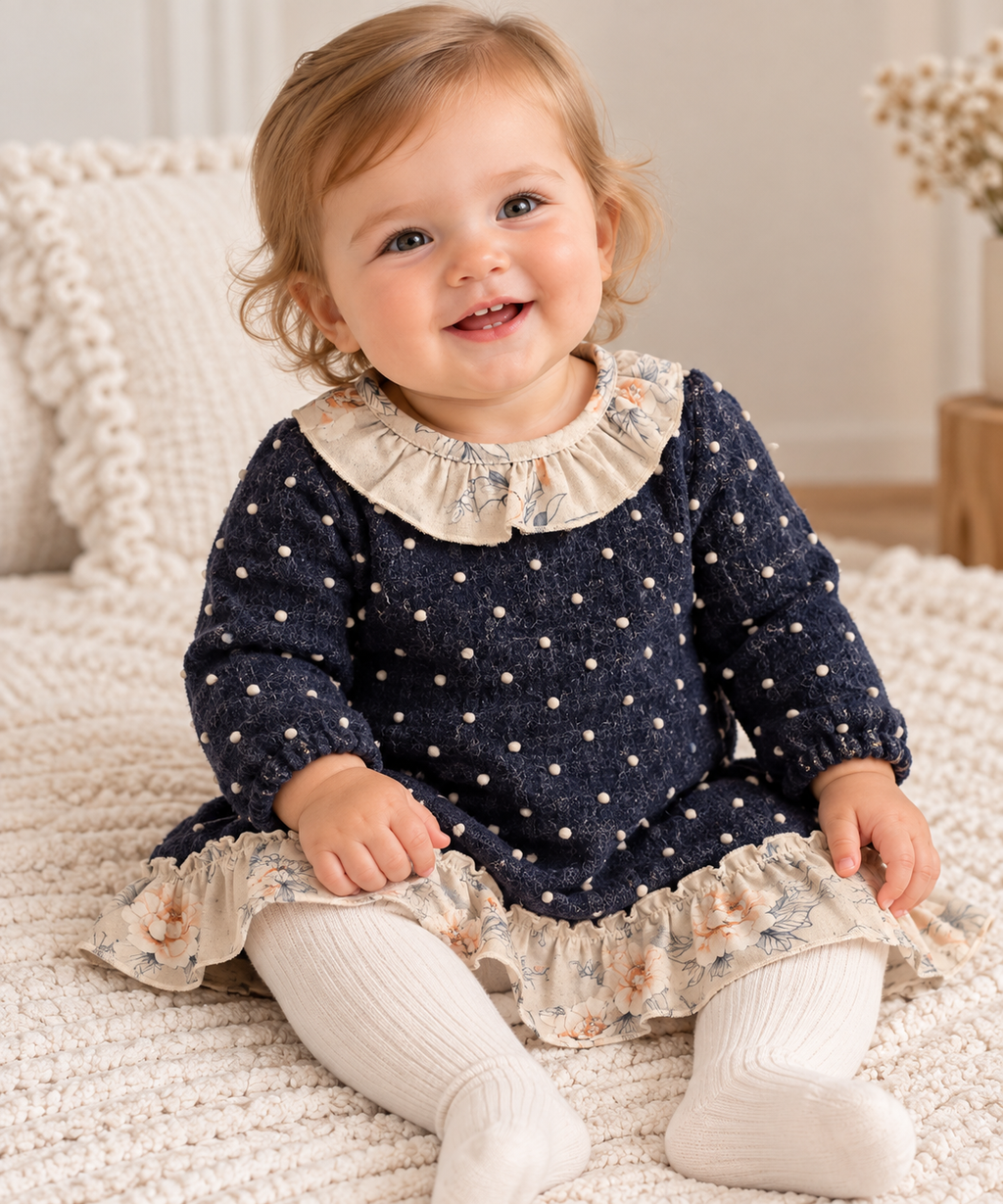 Vestido azul marino para niña con detalles de volantes florales