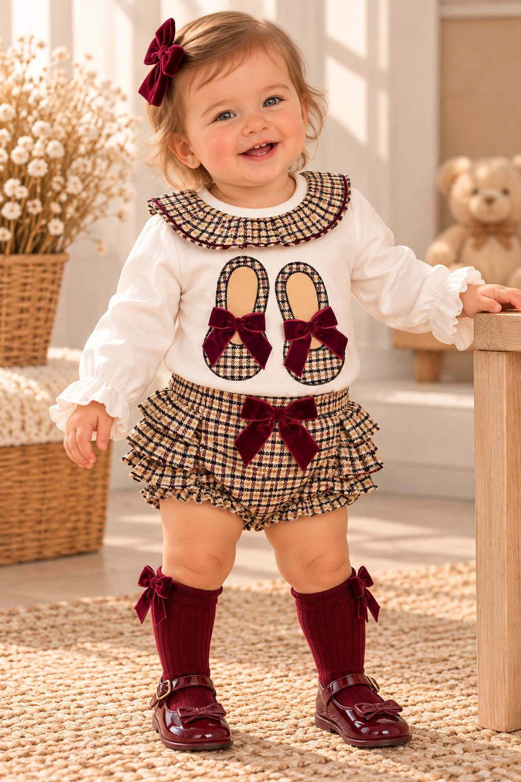 Baby Girl Burgundy & Check 2-Piece Bloomer Set