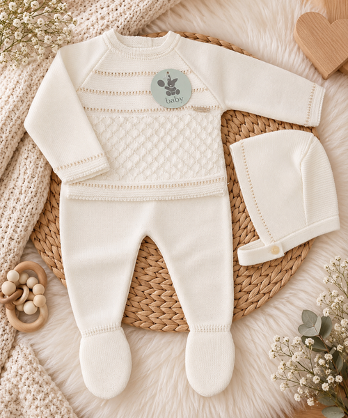 Baby White Knitted Set with Bonnet – 3 Pieces