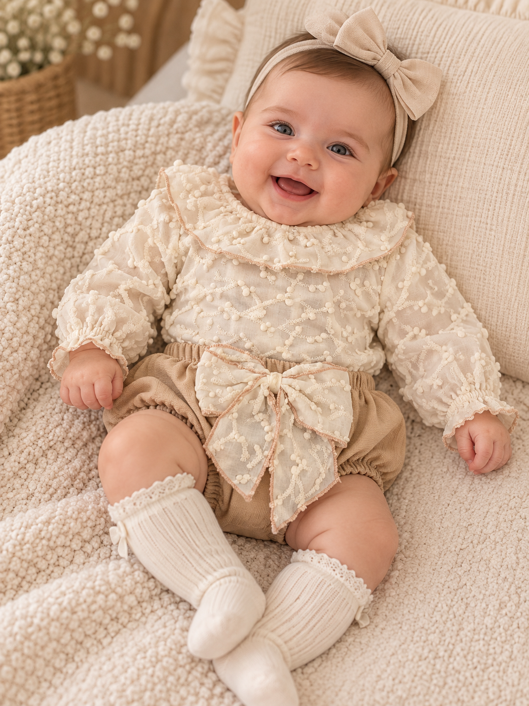 Baby Girl Cream & Beige Ruffle 2-Piece Set
