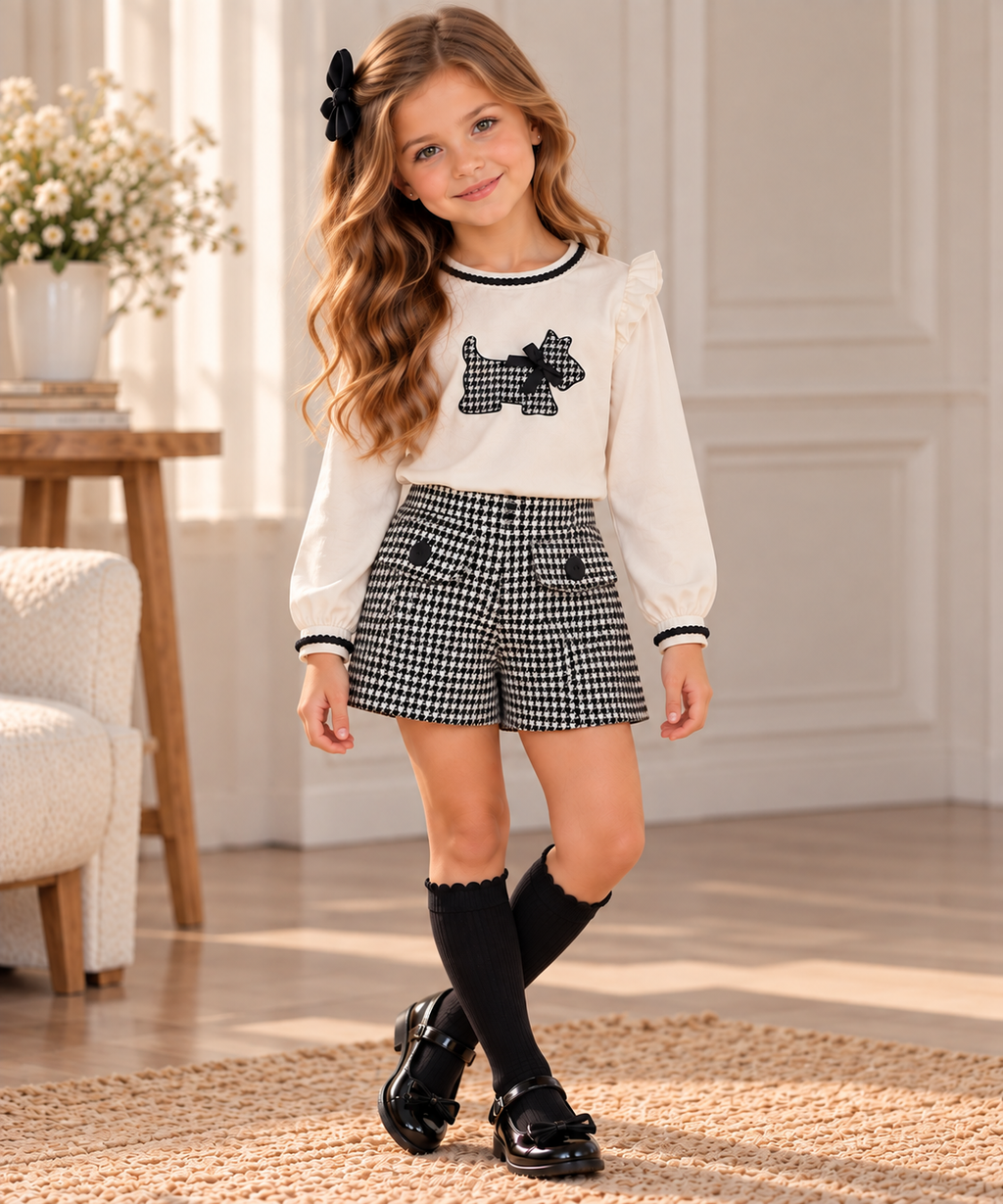 Girls Black & White Houndstooth Shorts and Long-Sleeve Top – 2-Piece Set
