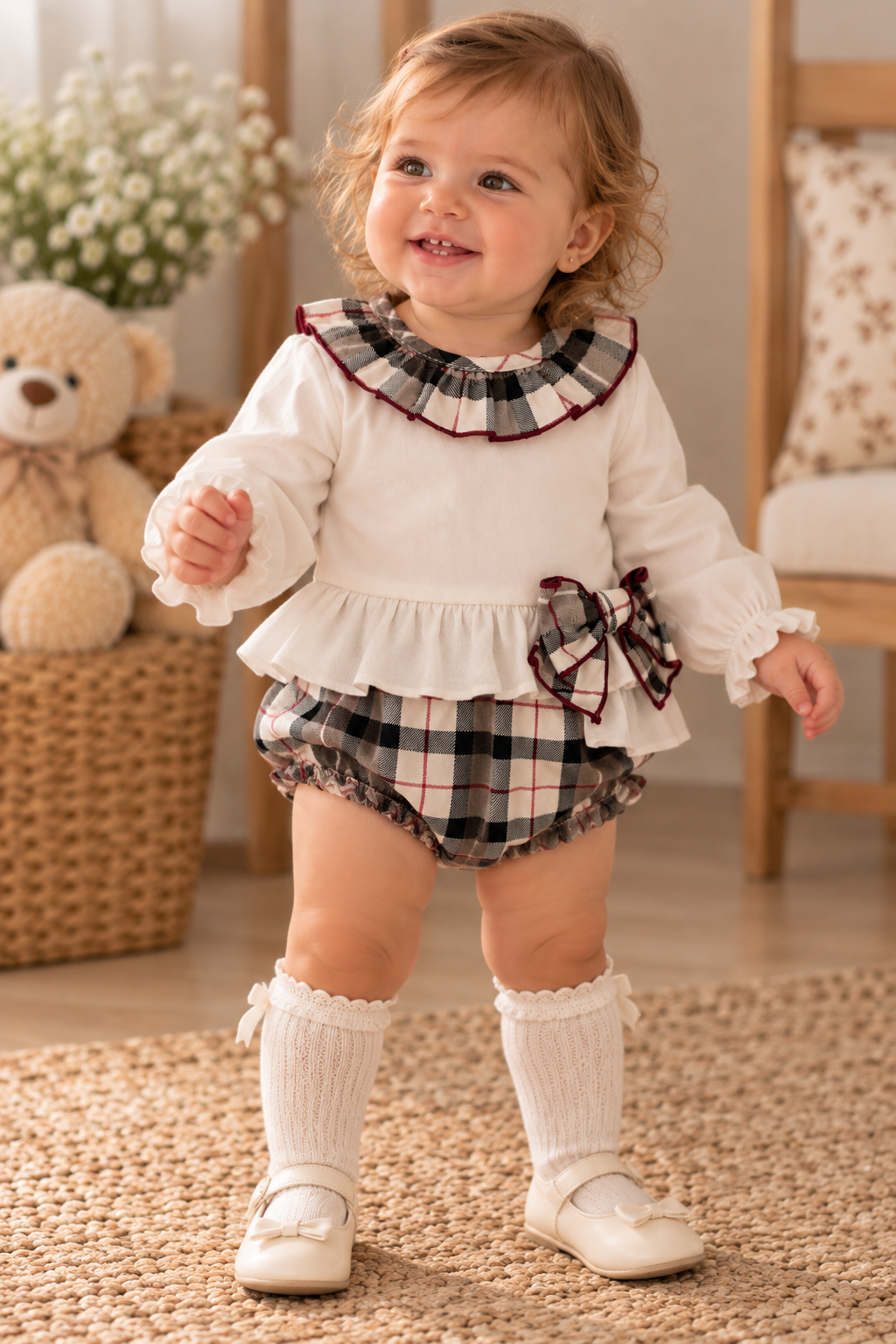 Girls’ 2-Piece White Top & Checked Bloomers Set