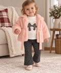 Girls’ 3-Piece Houndstooth Set with Pink Faux-Fur Jacket