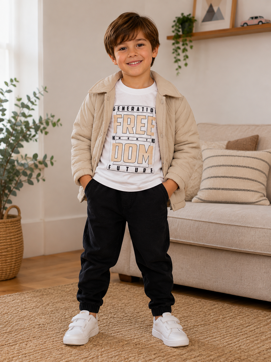 Boys 3-Piece Outfit – Beige Jacket, Graphic Top & Black Trousers
