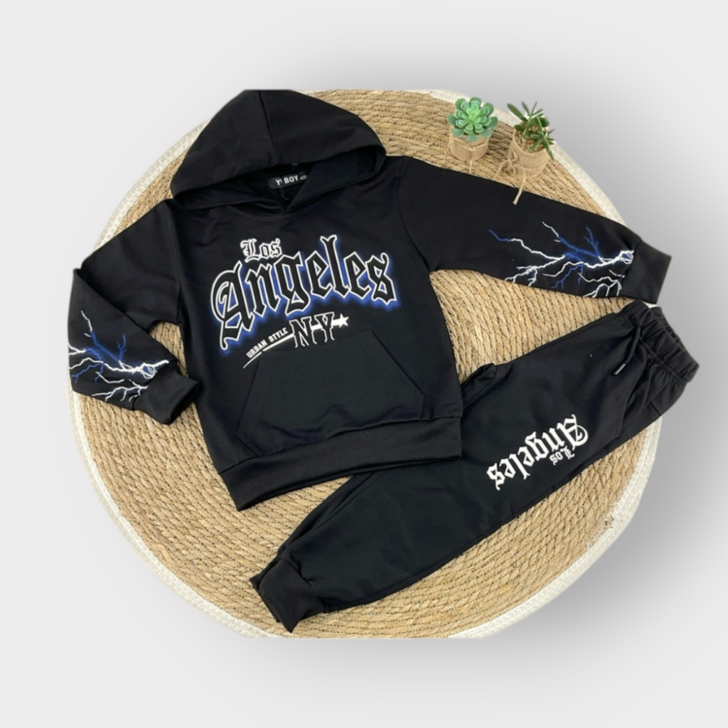 Fato de Treino de 2 Peças Preto Los Angeles para Rapaz – Sweatshirt com Capuz e Calças de Jogging