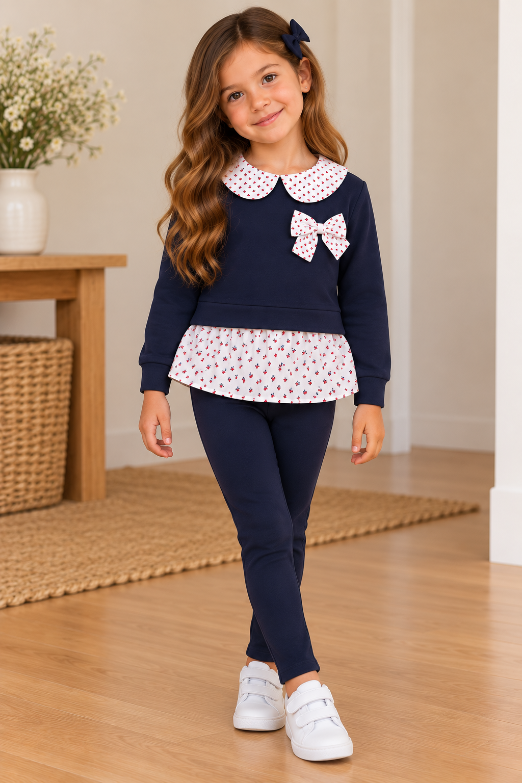 Conjunto de 2 peças azul-marinho para menina – Top com detalhe floral e leggings