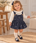 Girls Navy Blue Skirted Romper & White Long-Sleeve Top – 2-Piece Set